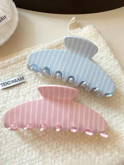2pcs/1pc Pastel Vertical Striped Acetate Hair Claw Clip, Sweet Macaron Color Shark Grab Clip For Women, Spring Daily Casual Hair Accessories