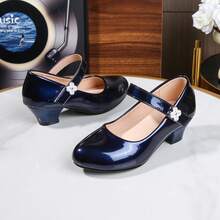 1 Pair Shiny Patent Leather Mary Jane Shoes For Mid-To-Large Girls, Round Toe With Hook And Loop Strap, Easy To Wear, Suitable For Wedding, Birthday And Dress Matching - Royal Blue - View 5