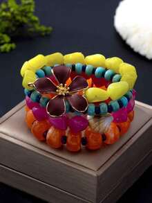 1pc/4pcs Bohemian Dopamine Colorful Beaded Bracelet Set, Floral Shell Vacation Style Layered Bracelets - Beaded Bracelet - View 4