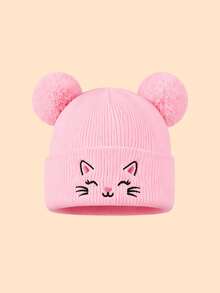 1PC Toddler Cartoon Cat Embroidered Double Pom Pom Knitted Hat, Foldable Soft Warm Beanie, Suitable For Toddler Daily Outings Winter Hat - Multicolor - View 7
