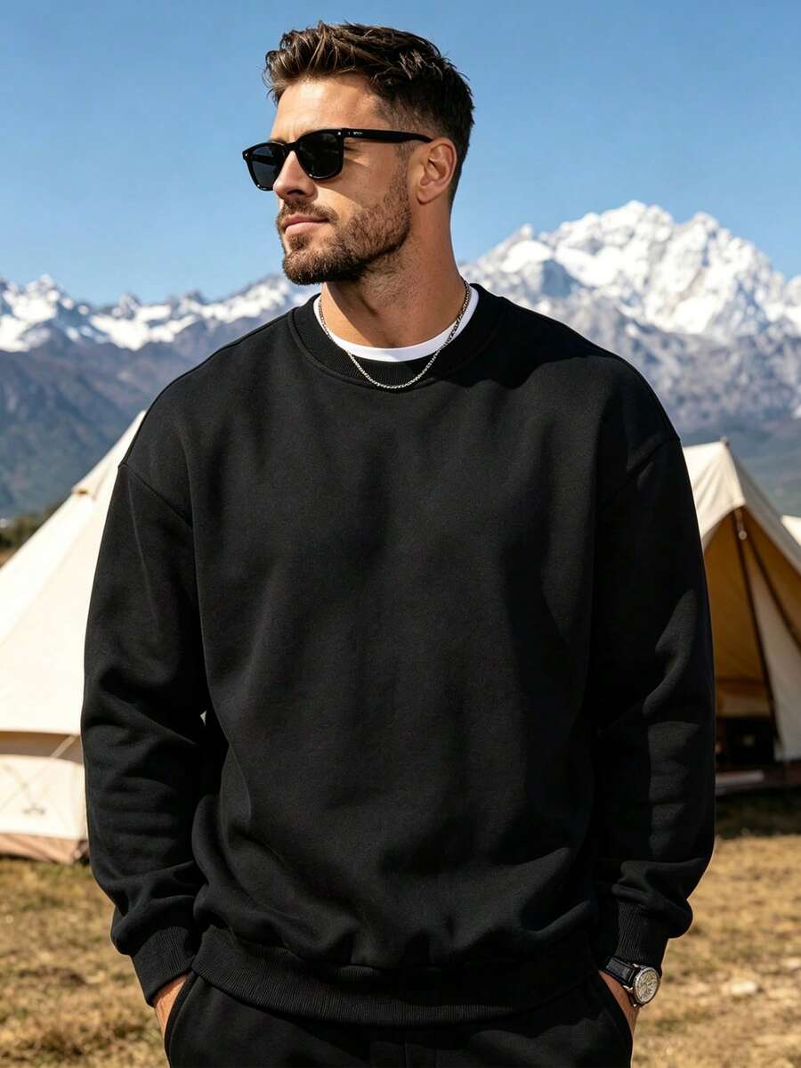 Men's Autumn/Winter Minimalist Crew Neck Sweatshirt | All-Match Versatile Casual Top | Streetwear Layering Essential - Black - View 1