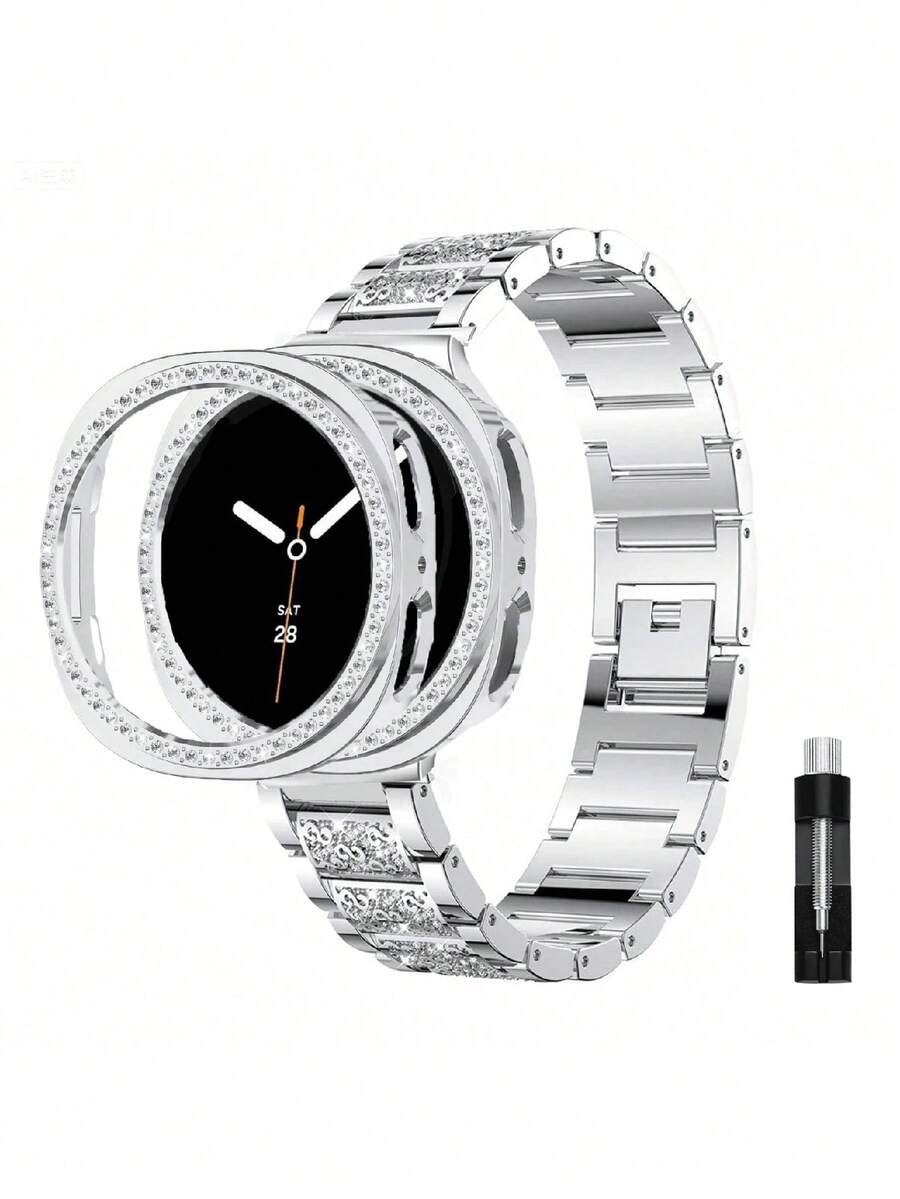 Watch Band + Case For Galaxy Watch 9/8, 1pc Women's Jewelry Shiny Diamond Metal Dress Watch Band + 1pc Shiny Case (Screen Protector Not Included), Compatible With Galaxy Watch 9/8 Classic 46mm Adjustable Replacement Band Accessories Sports Band, Unisex, Compatible With Galaxy Watch 9/8 40mm 44mm - Silver - View 1