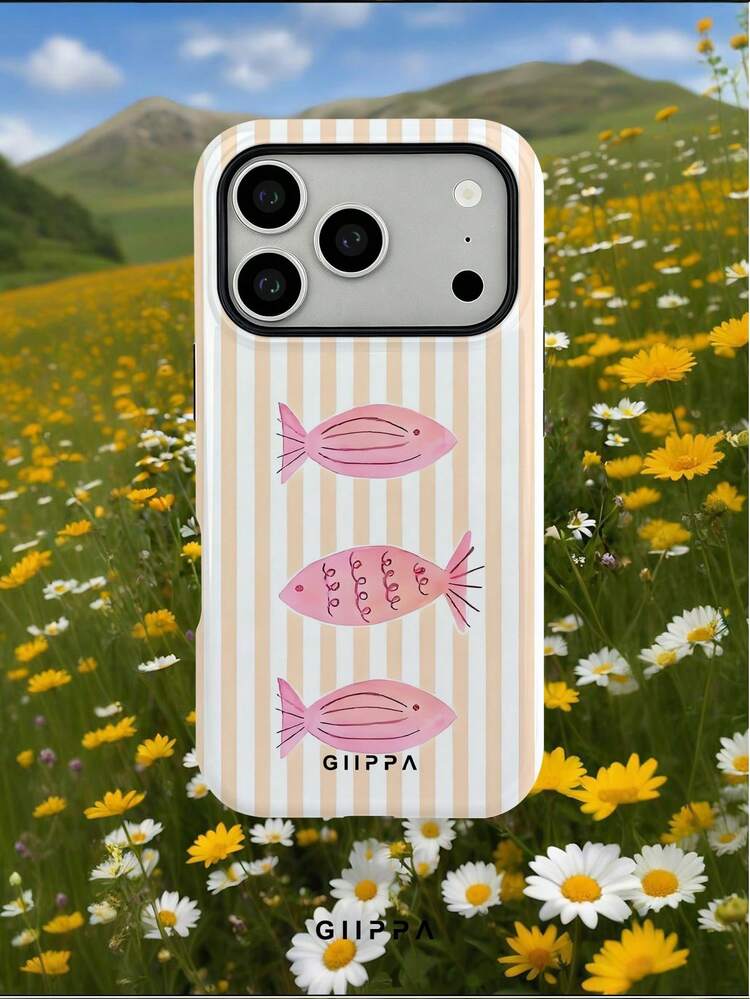 GIIPPA 1pc Light Orange Striped Background With Pink Fish Pattern Design, Phone 17 Pro Max Phone Case, Compatible With Phone 16 Pro Max, 15 Pro Max, 14 Pro Max, Korean-Style High-End Fashion Fun Phone Case, Compatible With 11/12/13/14/15/16 Pro Max Plus, Elegant Design Suitable For Men And Women, Perfect Gift For Girlfriend On Christmas, Valentine's Day, Easter, Wedding Season And Birthday! - Orange - View 8