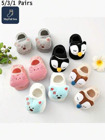 5/3/1 Pair Baby 3D Cartoon Animal Floor Socks, Cute Panda Owl Fox 3D Doll Decor, Soft Anti-Slip Newborn Baby Invisible Socks, Fun Socks
