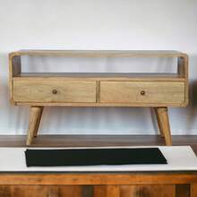 Solid Wood Curved Oak-Ish Media Unit, 2 Drawers And Open Slot, Brown On-Site - 1 - View 1