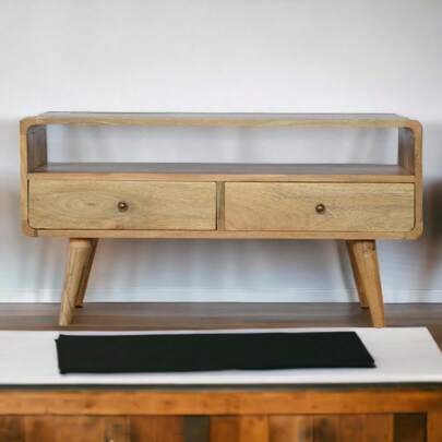 Solid Wood Curved Oak-Ish Media Unit, 2 Drawers And Open Slot, Brown On-Site