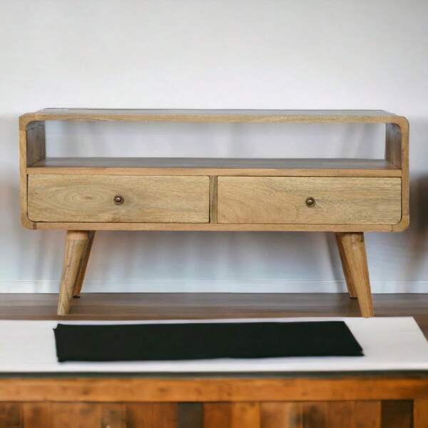 Solid Wood Curved Oak-Ish Media Unit, 2 Drawers And Open Slot, Brown On-Site
