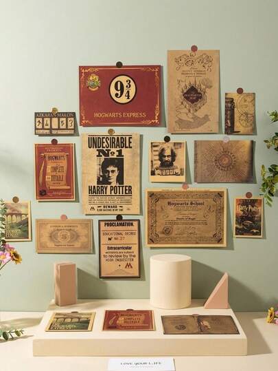 MINKOJA Warner Bros 15Pcs Wall Decals Set - 9¾ & Azkaban Signs, Undesirable No.1 Poster & Marauder's Map Art | Premium Peel & Stick Vintage Wall Art Prints | Nostalgic Magic School Decor (Grey And Yellow Versions Are Randomly Shipped)
