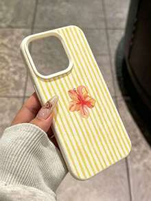 1PC Fashion Yellow Stripe Pink Flower Sweet Pattern Lychee Texture Phone Case Compatible With Apple 17Promax/16Pro/15Promax/14plus/13Pro/12Promax/11 Protective Cover - Beige - View 3