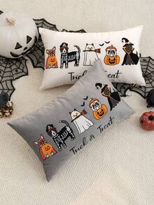 1pc Halloween Grey Ghost/Pumpkin Dog Embroidered Pillow Case, Halloween Trick Or Treat Pillow Cover, Suitable For Indoor Decoration, Ghost Festival Decor, All-Season Pillow Case, Without Insert - Grey - View 7