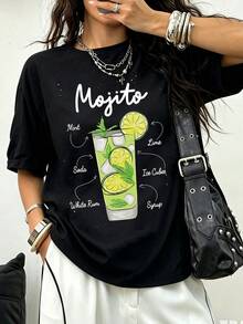 Chalkboard Sketch Mojito Cocktail With Labeled Mint Lime White Rum Soda Ice Syrup Ingredients Script Font Cotton T Shirt Bartender Rum Drink Lover Cas - Black - View 1