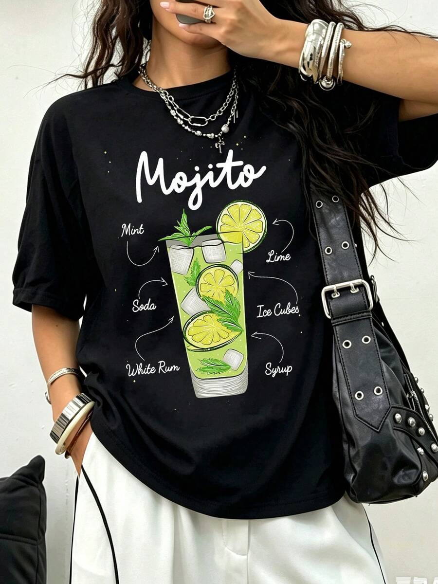 Chalkboard Sketch Mojito Cocktail With Labeled Mint Lime White Rum Soda Ice Syrup Ingredients Script Font Cotton T Shirt Bartender Rum Drink Lover Cas - Black - View 1