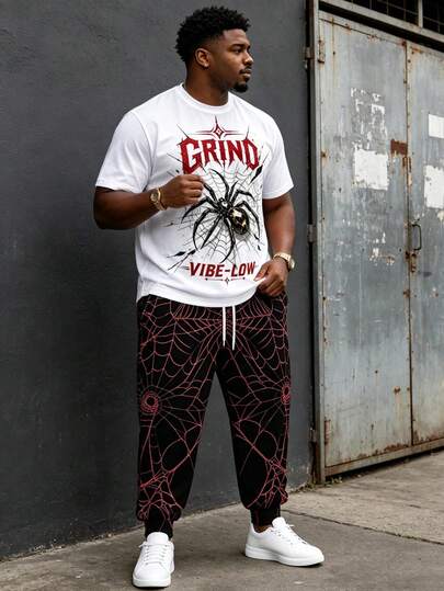 Plus Size Men's 2 Pieces Set, Men's Long Pants, Graphic T-Shirt, Streetwear Series "Spider GRIND Gothic Font" Pattern Outfit - Polyester Fabric, Drawstring, Pockets, Suitable For Plus Size