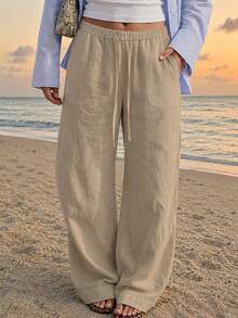Loose Fit Women's Long Wide Leg Pants With Adjustable Drawstring, Suitable For Beach Vacation And Daily Comfortable Wear - Apricot - View 2