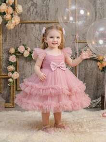 Vestido de novia lindo con lazo y tul para niñas bebé, adecuado para fiesta de cumpleaños, diadema no incluida - Rosa vieja - Ver 4