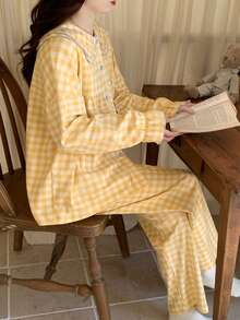 2pcs/Set Women's Pajamas Loungewear Set, Peter Pan Collar Plaid Print Korean Style Long Sleeve Long Pants, Comfortable For Home Wear - Yellow - View 9
