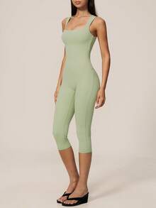 TimeOff Women's 1pc Solid Color Square Neck Thick Strap Waist-Cinching Athletic One-Piece Shorts - Green - View 6