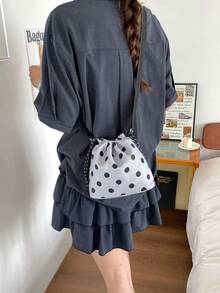 1Pc Nylon Solid Color Drawstring Bucket Bag With Polka Dot Pattern, Fashion Crossbody Shoulder Bag For Women - Grey - View 10