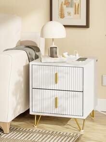 SoBuy | Bedside Table With 2 Drawers | Nightstand With Drawers And Charging Station | Small Dresser For Bedroom In MDF | 40*40*47 Cm | Load Capacity 25 Kg - White - View 8