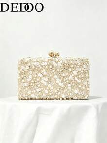 Women's Evening Clutch, Rectangular Hard Frame Bag, Beaded & Round Sequin Lace Covered Pattern, Suitable For Wedding, Ball, Bridal Party - Gold - View 7