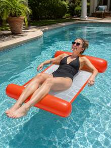 1 pieza Hamaca inflable de unicolor, flotador de malla portátil con almohadas inflables dobles para piscina, playa & vacaciones de verano - Naranja - Ver 2