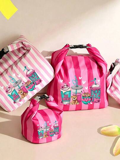 Milk Tea Bear Pattern Lunch Bag, Pink & Magenta Striped Print Women's Handbag,Garden Picnic Supplies; Large Capacity, Student Lunch Insulated Cooler Bag, Portable Travel Picnic Bag, Office School Lunch Bag, Insulated Lunch Box, Multi-Functional Picnic Storage Bag Suitable For Men And Women. Portable Handbag For Daily Commute/Church Activities/Shopping/Spring Outings, Wedding Gift, Birthday Gift; Back To School Season Essential