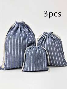 3 piezas de bolsas de almacenamiento con rayas simples que pueden contener ropa, calcetines, cosméticos y otros artículos diversos. Los bolsillos con cordón son adecuados para el hogar y los viajes. - Celeste - Ver 10