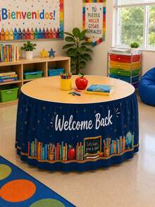1pc Navy Blue School Library Style Polyester Table Skirt, Vintage Classroom Style Rectangular Tabletop Decor With Text Title, Apple, Globe And Blackboard Patterns, Suitable For Classroom Entrance, Reading Corner, Teacher Party, Back To School Event And Learning Space Decoration - Multicolor - View 5