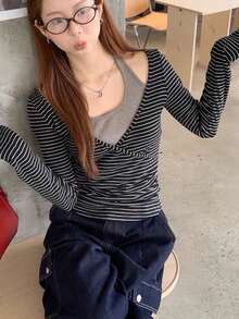 Women's Autumn Layering Base Top, Premium 2 In 1 T-Shirt, Black Long Sleeve Unique Elegant Blouse - Grey - View 3