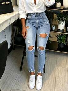 Elegant Ripped Tapered Denim Jeans For Women Light Wash, Raw Hem, And Pockets, Ideal For Fall Outfits - Light Wash - View 4