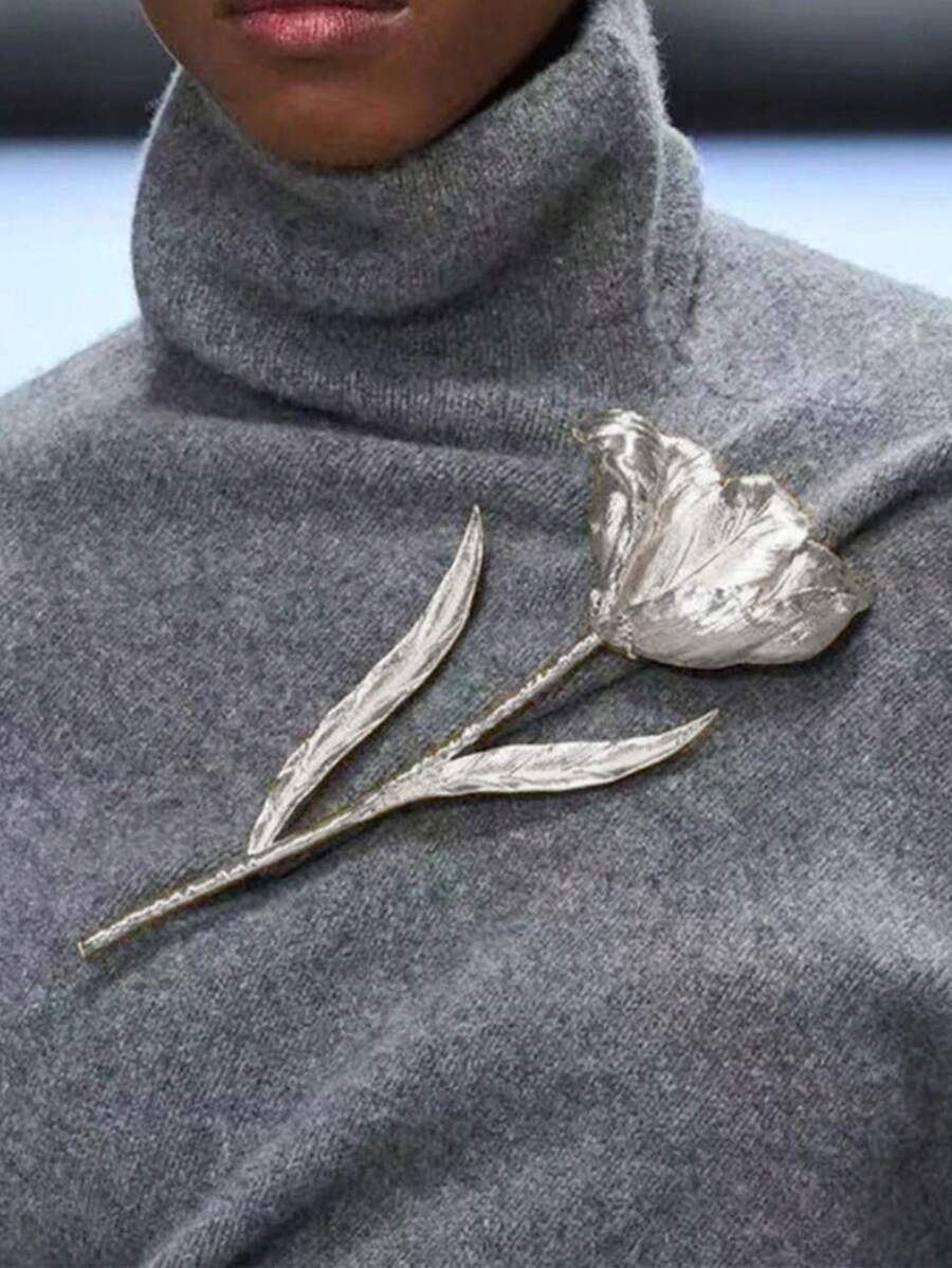 1件復古誇張大尺寸金屬花葉胸針，時尚伸展台風格胸針飾品，奢華誇張個性化幾何仿寶石項鍊，適合女性日常與派對穿著，尺寸 14.5*7cm - 銀色 - 查看 1
