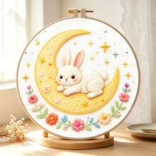 3款可愛卡通刺繡全套材料包－微笑雲朵/茶杯貓/月亮兔，適合初學者的DIY手工套組，附圓形刺繡框，居家裝飾紓壓手工藝 - 多色 - 查看 7