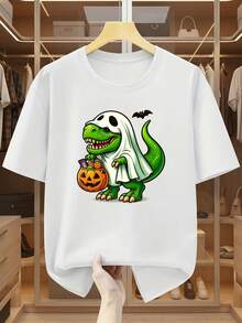 Plus Size Men'S T-Shirt, 100% Ghost-Shaped Dinosaur Pattern Crew Neck Short Sleeve T-Shirt, Comfortable And Casual For Summer - White - View 1
