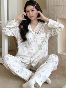 2pcs Set Piyama Lengan Panjang Berkerah Motif Kelinci Lucu, Cardigan, Pakaian Rumahan Musim Semi/Panas - Aprikot - View 2