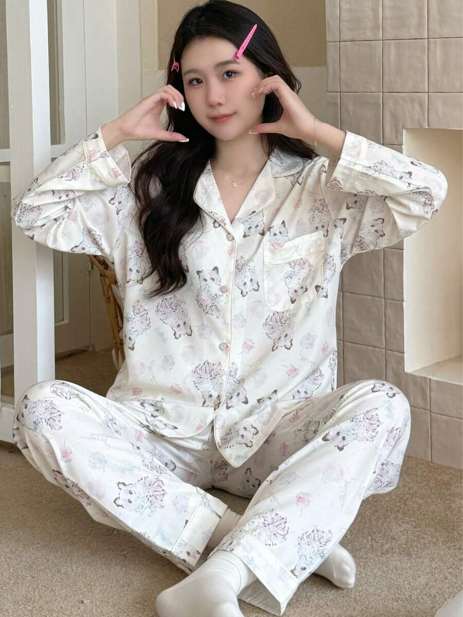 2pcs Set Piyama Lengan Panjang Berkerah Motif Kelinci Lucu, Cardigan, Pakaian Rumahan Musim Semi/Panas