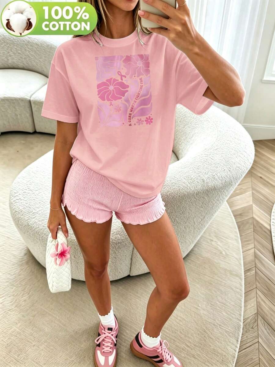 Women's T-Shirt Pink Floral Pattern With Leaves And Stars Pure T-Shirt Oversized T-Shirt Short Sleeve Essential - 粉色 - 查看 1