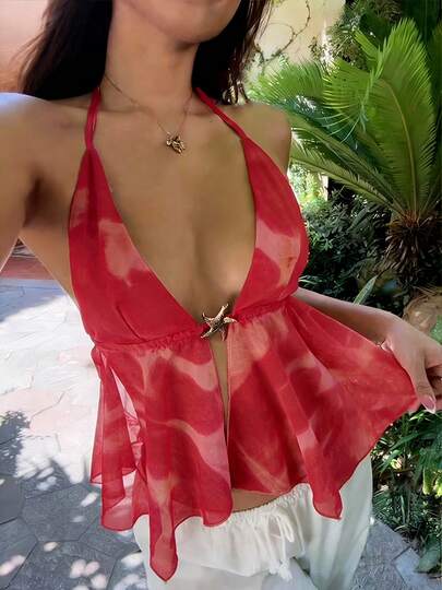 Top estilo francés con cuello halter y escote en V, con hebilla de estrella de mar, estampado rojo, espalda descubierta y cintura ajustada, ideal para vacaciones.