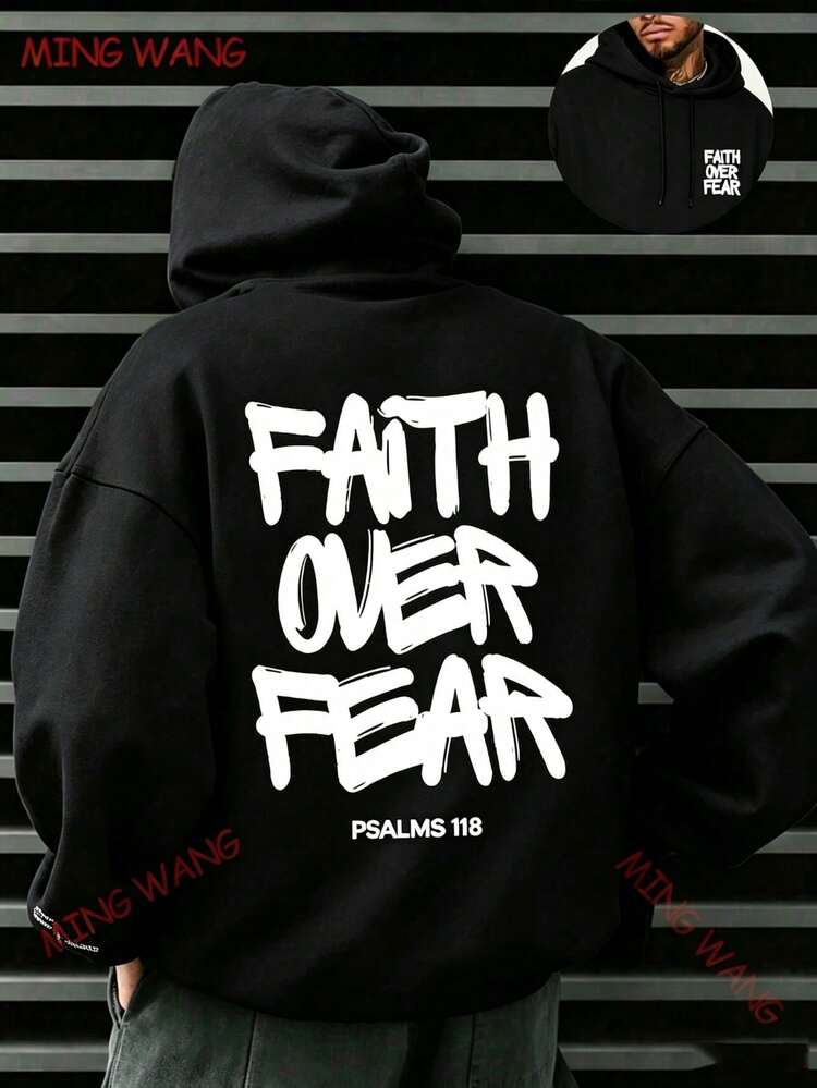 Faith Over Fear, Letter Print Pocket Hoodie, Men's Casual Long-Sleeve Drawstring Style, Autumn & Winter New-Unisex Loose-Fit Hooded Sweatshirt-K88 - 黑色1 - 查看 10