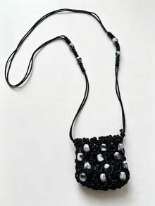 Tas Selempang Mini Anyaman Manik-Manik Berkilau, Dompet Koin Bentuk Lipstik, Tas Mini Aksesori Fashion untuk Perjalanan - Hitam - View 2