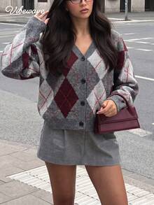 VIBEWAVE Women 90sRetro Preppy Argyle V‑Neck Cardigan Grey‑Red Color Block Drop Shoulder Long Sleeve Knit Sweater Fall Winter Back To School Layer Top - Multicolor - View 3