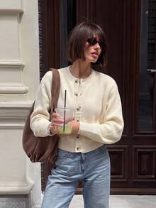 Fall/Winter Milk White Casual Knit Cardigan, All-Match Versatile Gentle Elegant Going Out Top - Light Yellow - View 3
