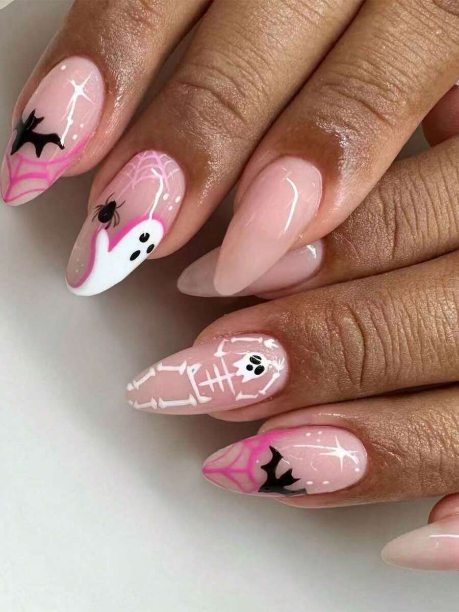 Halloween 30pcs Long Almond Shape Press-On Nails, Pink Nails, Bat, Spider Web, Skull, Ghost Design, Acrylic Material Set Includes: 1pc Jelly Glue And 1pc Nail File - Multicolor - View 1