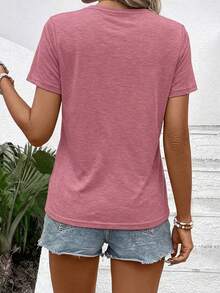Women's Pink Knit Round Neck Short Sleeve Regular Fit T-Shirt, Targeted Print, Breathable Soft Casual - Pink - View 2