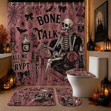 1pc/4pcs Halloween Telephone Skeleton Multi-Function Bathroom Decor Shower Curtain Set, Free 12 Hooks, Premium Holiday Atmosphere, Bathroom Mat, U-Shaped Rug And Round Toilet Lid Cover, Suitable For All Halloween Scenes - Phone Skull - View 7