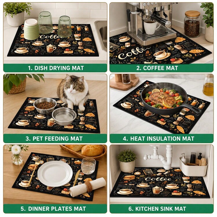 1pc Coffee Pattern Kitchen Countertop Diatomaceous Earth Absorbent Quick-Drying Coffee Machine Mat, Kitchen Home Decor Non-Slip Heat-Resistant, Dish Cup Drying Mat, Easy To Clean Stain-Hiding, Suitable For Kitchen Dining Table Coffee Bar Kitchen Floor Mat Dining Table Mat Drying Mat Breakfast Mat - Multicolor - View 5