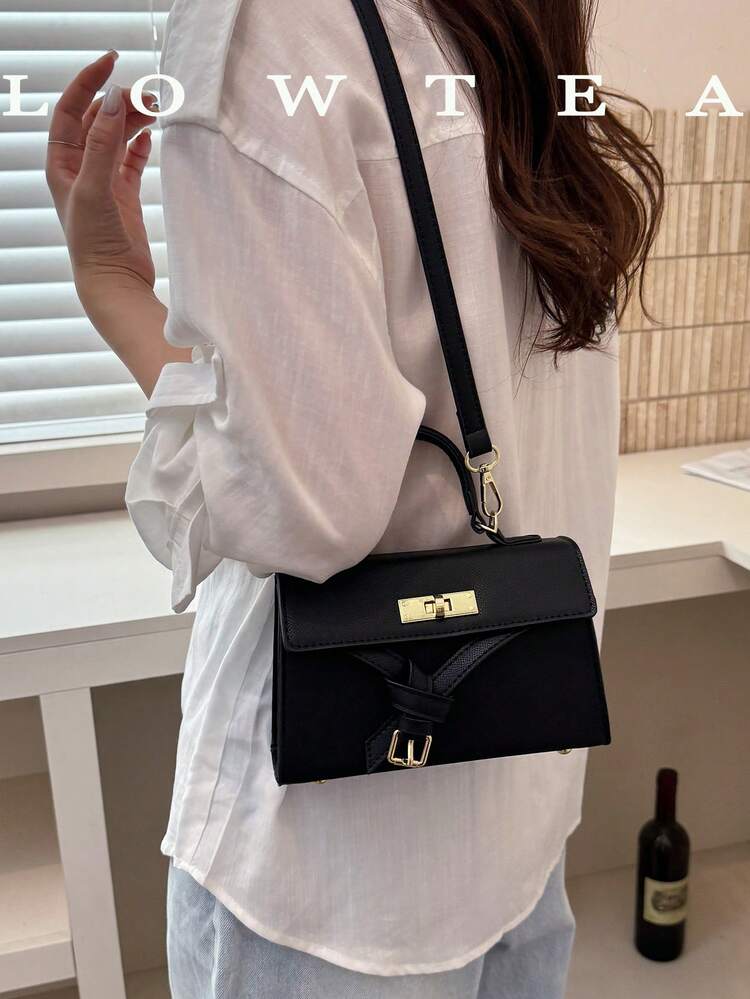 Low Tea 1pc Solid Color PU Fabric Handbag, Women's Elegant Fashion Square Tote Bag, Top Single Handle Design, Snap Closure, Detachable And Adjustable Shoulder Strap For Shoulder Or Crossbody Use, Suitable For Travel, Shopping, Dating, Women's Gift, Perfect For Commuting, Outdoor, Travel, Outing - Black - View 8