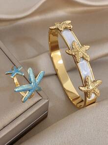 Summer Starfish Bangle Bracelets Oil Dripping Ring Set For Women Stainless Steel Golden Bangle Ring For Vacation Season Birthday Party Jewelry Gifts - Multicolor - View 1