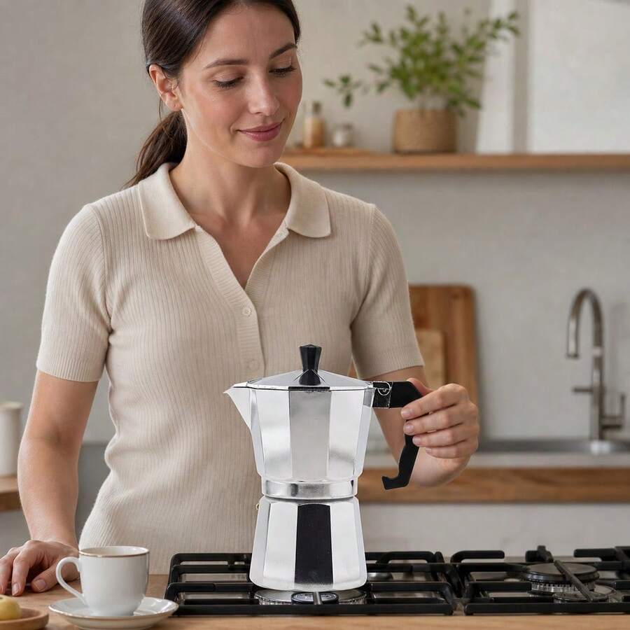 20.5cm Coffee Aluminum Moka Pot, Classic Italian Espresso Maker, Stovetop Coffee Brewer For Home Kitchen Office - Apricot - View 1