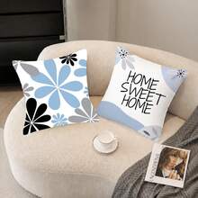 shangxia 2PCS--Minimalist Hand-Drawn Line Light Gray Blue Daisy Print Pillow Covers, Korean Cream Style Bedroom Sofa Soft Decorative Cushions--(Pillow Insert Not Included)---(Multiple Sizes)---(No Embroidery)---(Single-Sided Print) - Multicolor - View 14