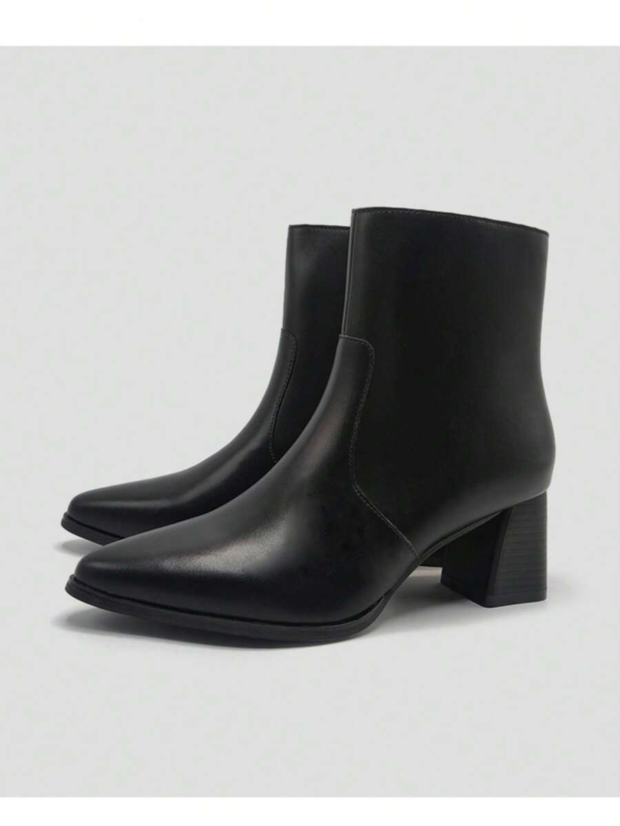 Dual Solid Color Elegant Zipper High Heel Ankle Boots For Outdoor And Office Wear, Autumn/Winter - Black - View 1